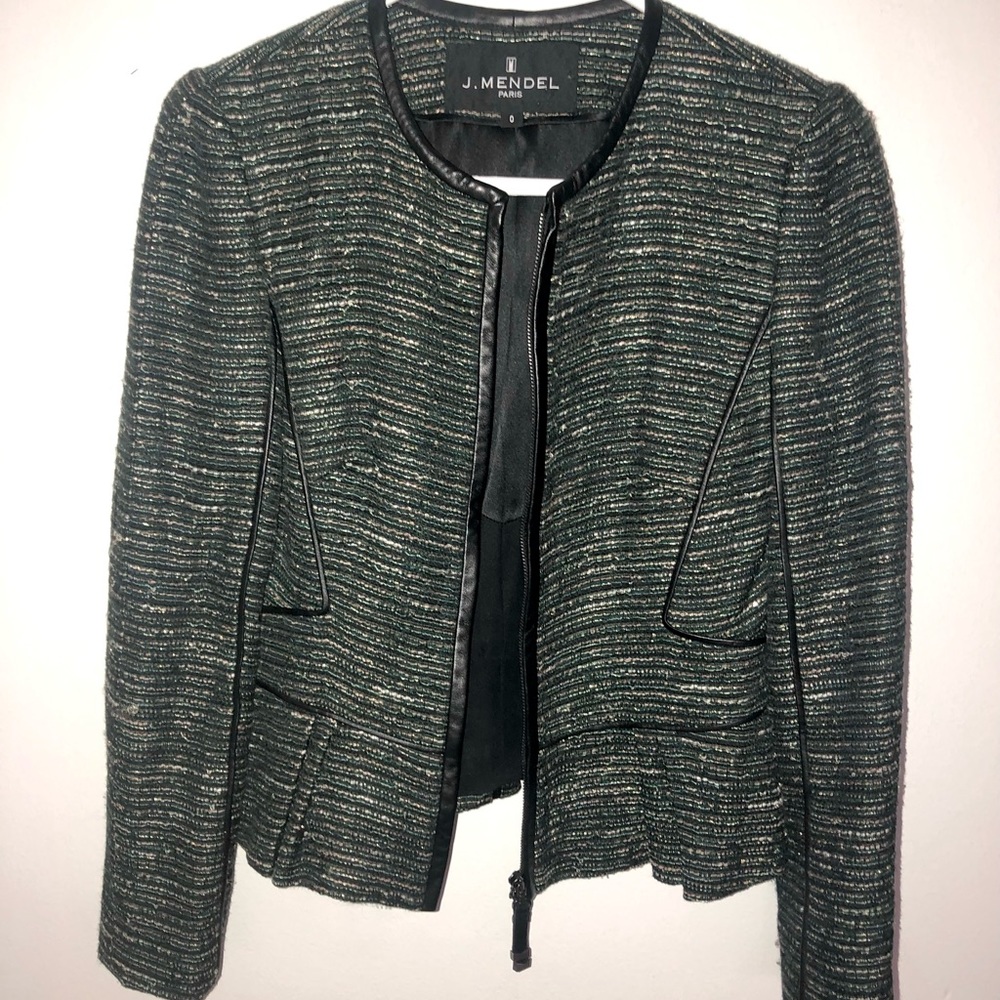 J MENDEL Leather Trim Tweed Jacket
